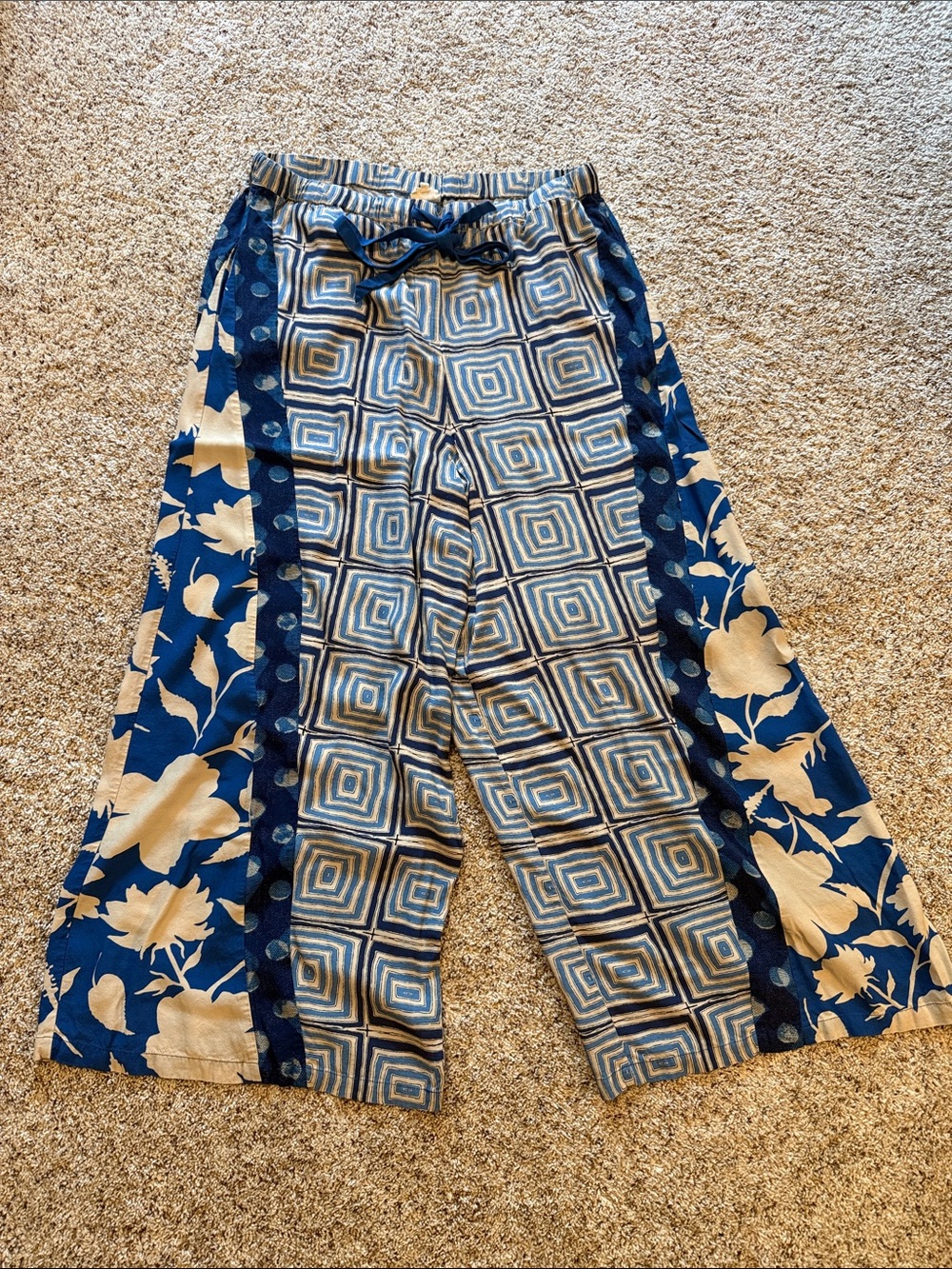 Tracy Reese Blue and Cream Wide-Leg Pants